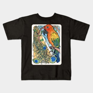 Sun Conure with Feathers and Sunflower Seeds Watercolor Print Kids T-Shirt